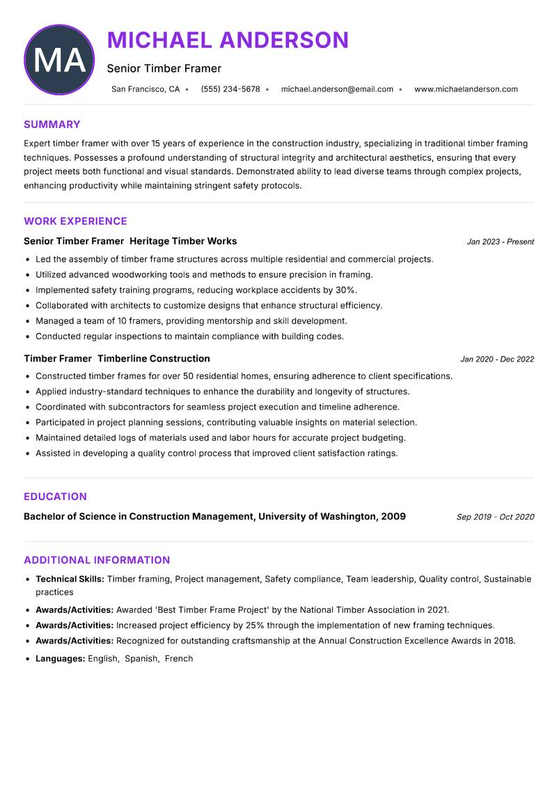 Timber Framer Resume Preview Example