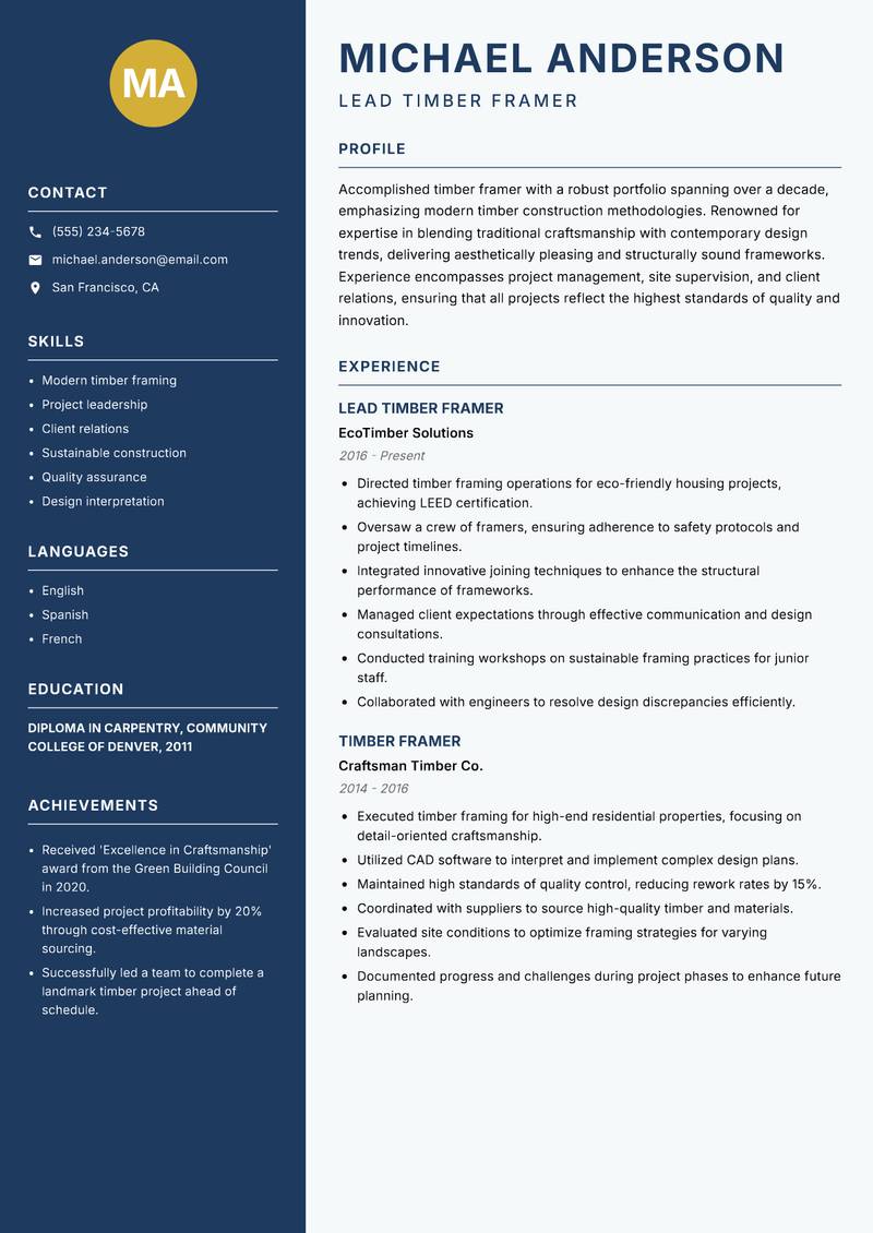 Timber Framer Resume Preview Example