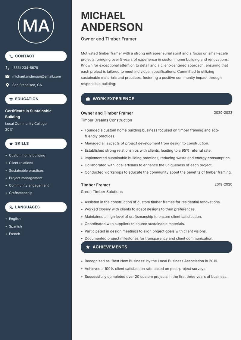 Timber Framer Resume Preview Example