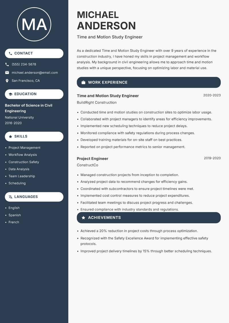 Time and Motion Study Engineer Resume Preview Example