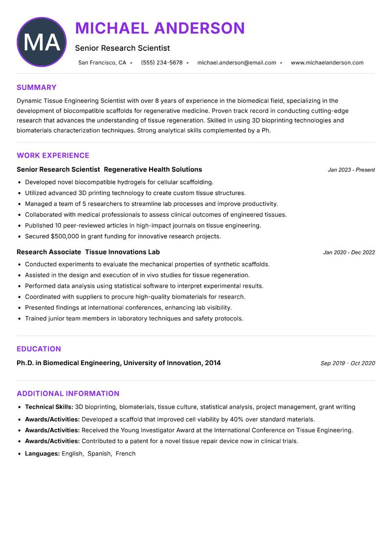 Tissue Engineering Scientist Resume Preview Example