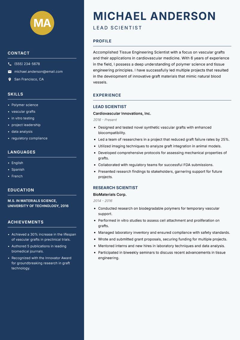 Tissue Engineering Scientist Resume Preview Example