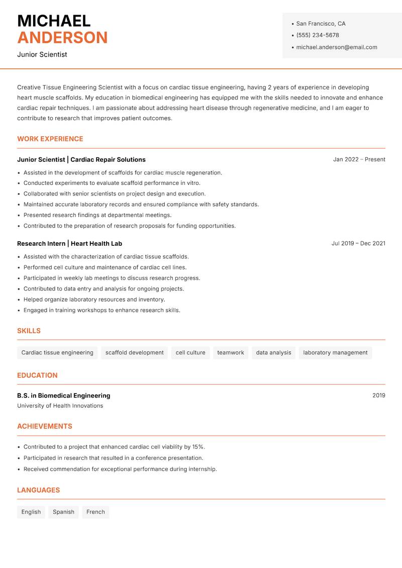Tissue Engineering Scientist Resume Template