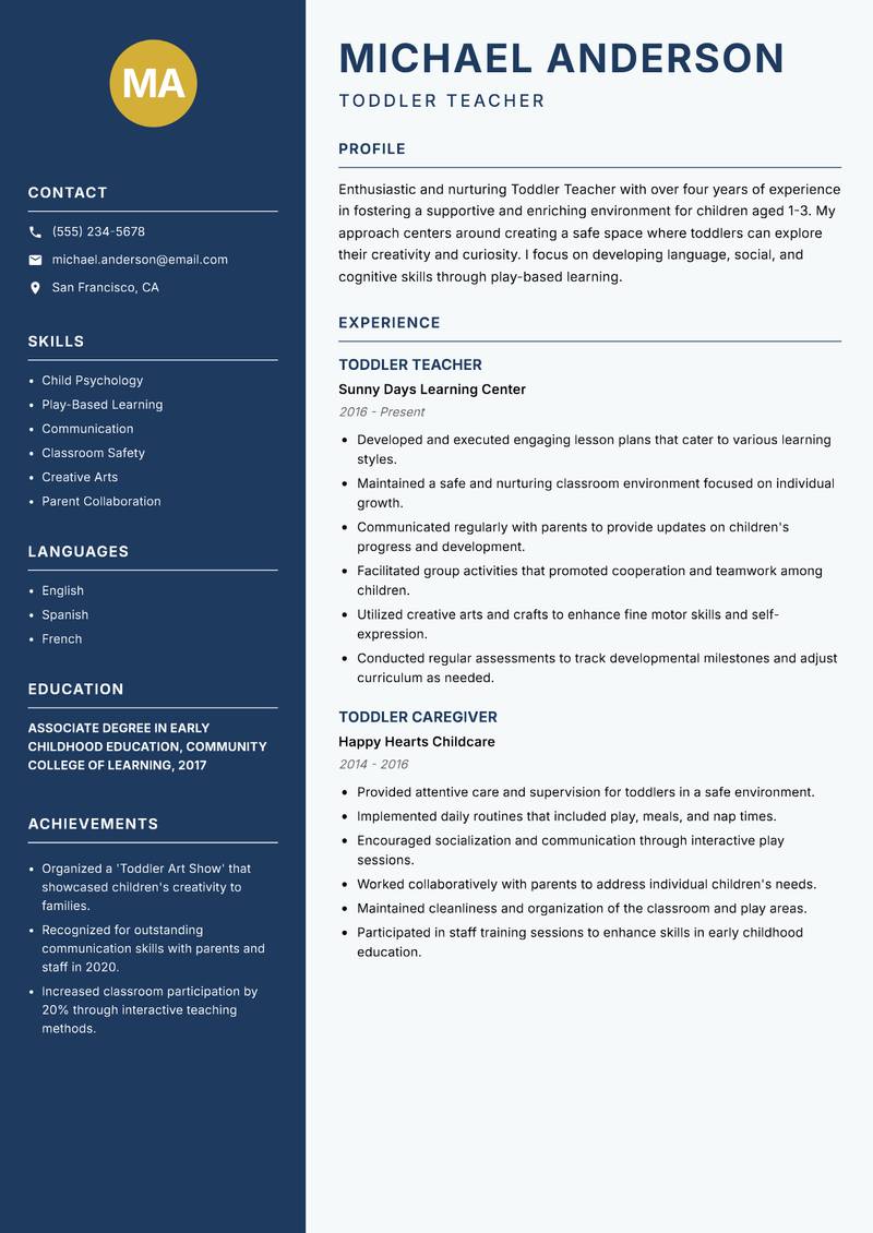 Toddler Teacher Resume Preview Example
