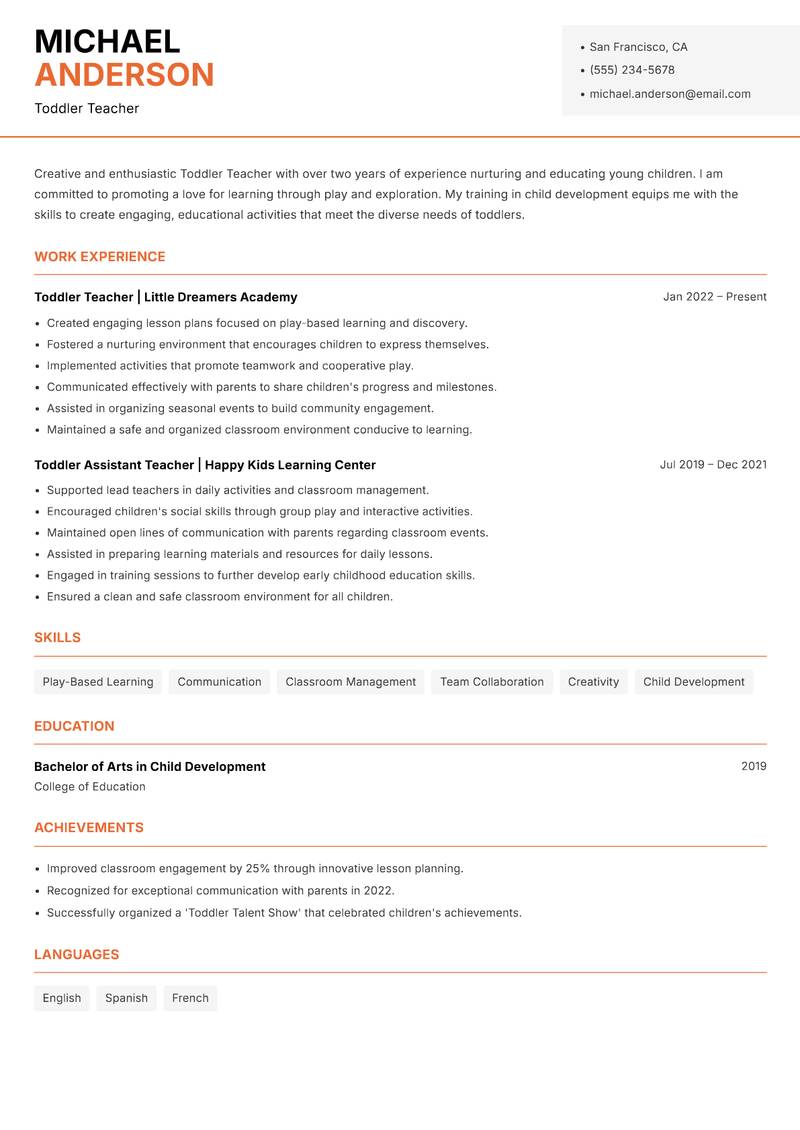 Toddler Teacher Resume Template