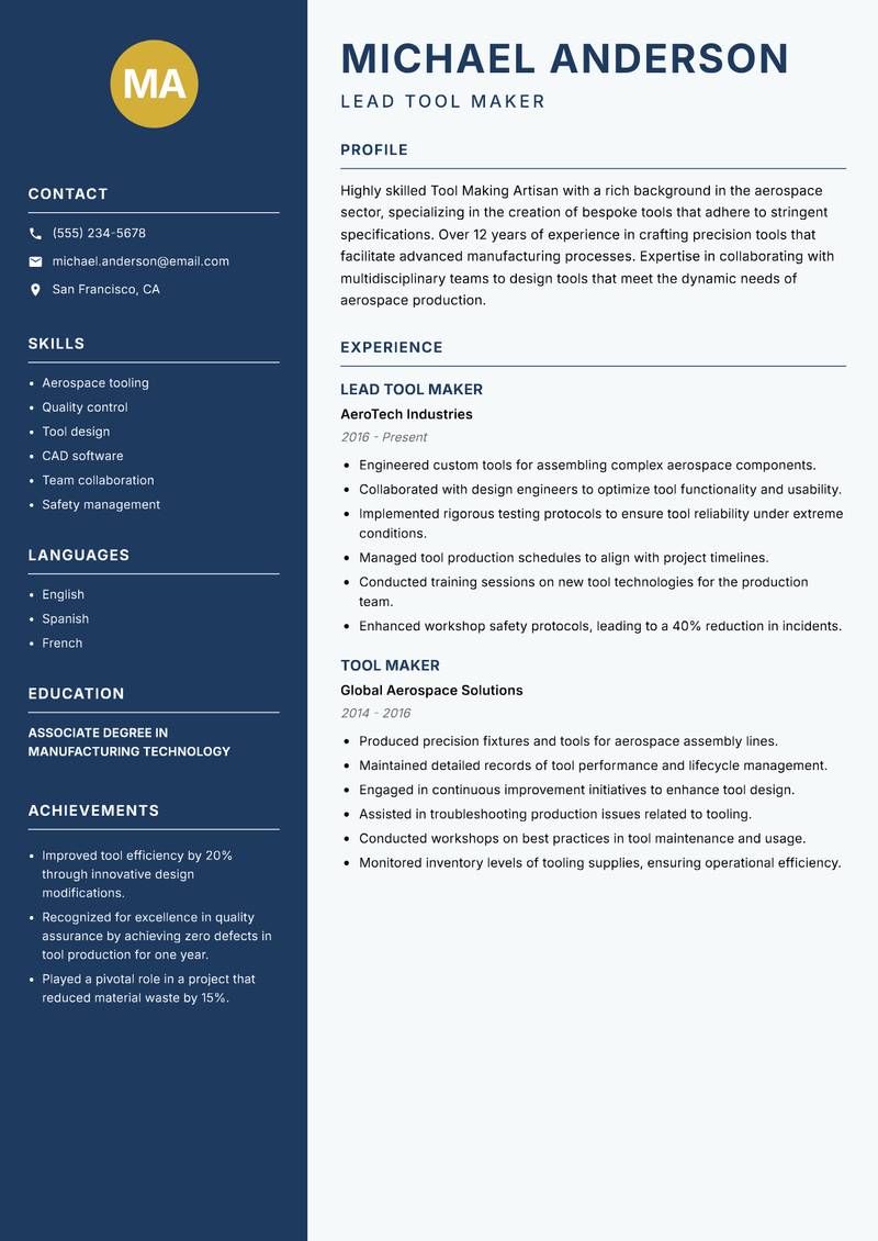 Tool Making Artisan Resume Preview Example