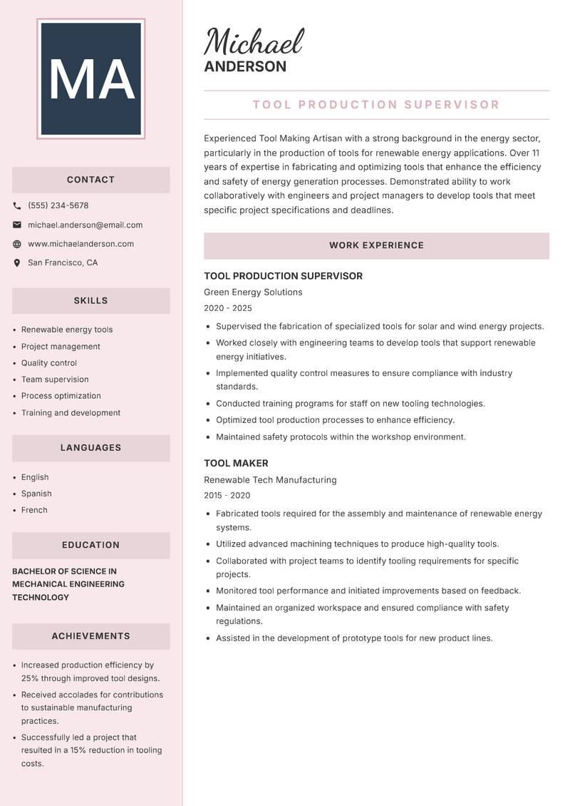 Tool Making Artisan Resume Preview Example
