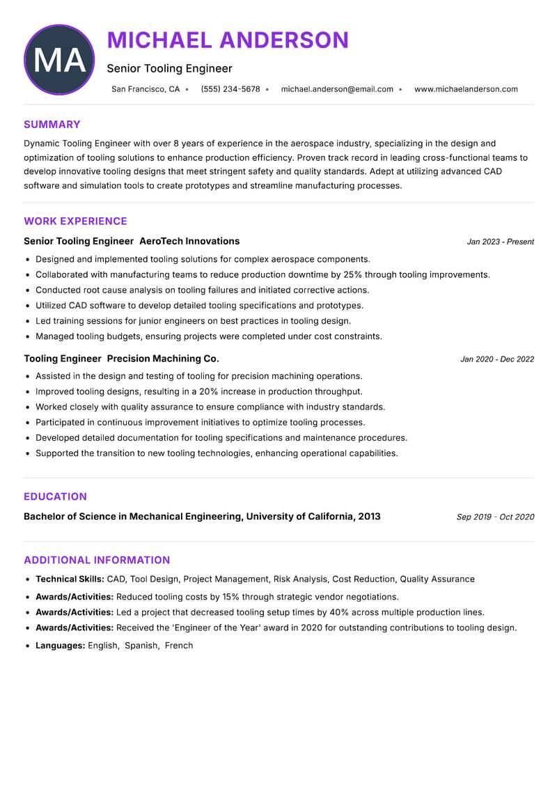 Tooling Engineer Resume Preview Example