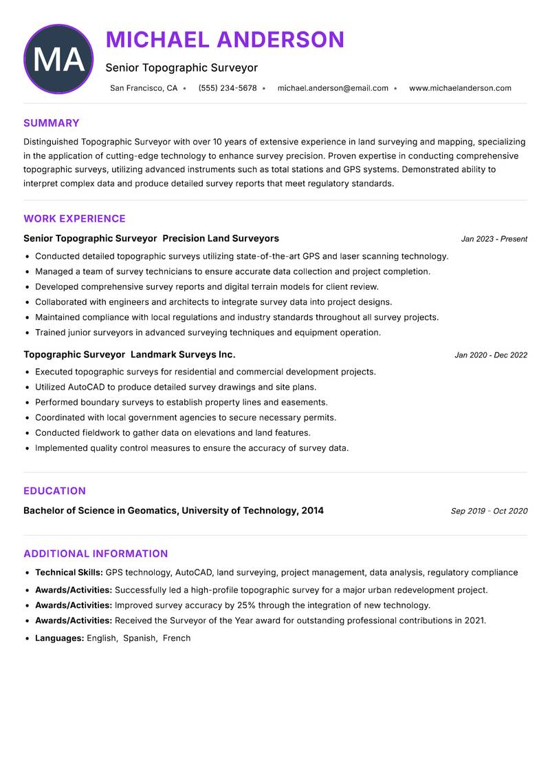 Topographic Surveyor Resume Preview Example