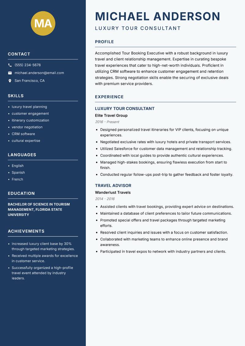 Tour Booking Executive Resume Preview Example