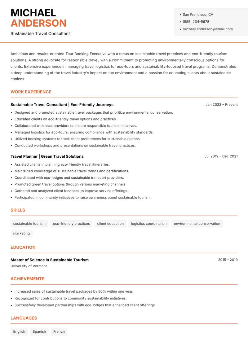 Tour Booking Executive Resume Template