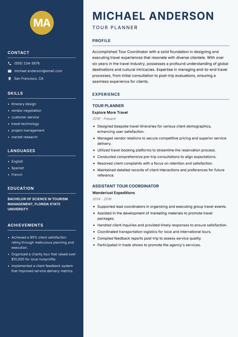 Tour Coordinator Resume Preview Example
