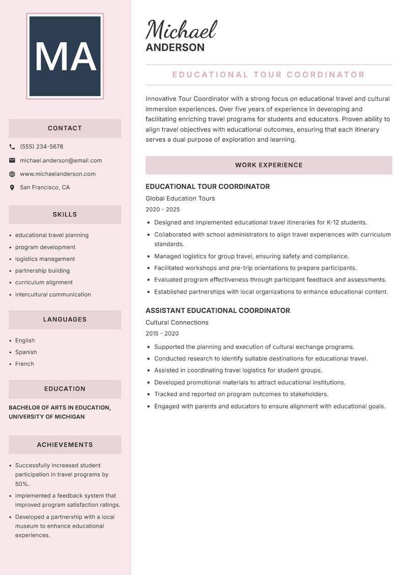 Tour Coordinator Resume Preview Example