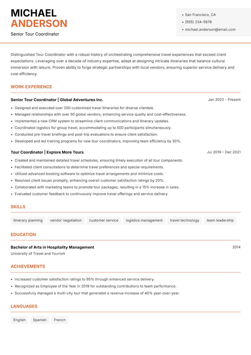 Tour Coordinator Resume Template