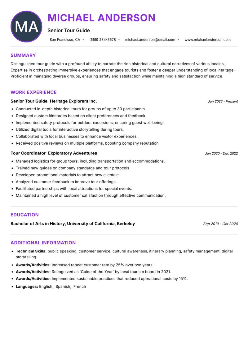 Tour Guide Resume Preview Example