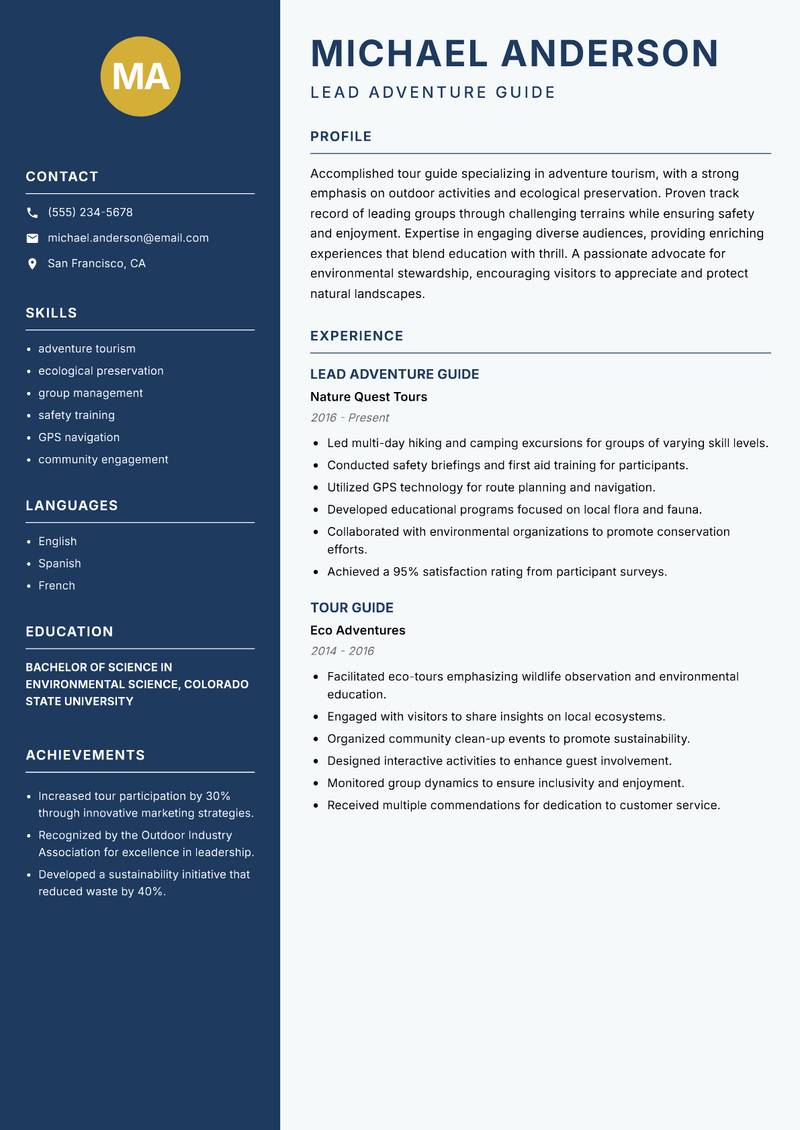Tour Guide Resume Preview Example