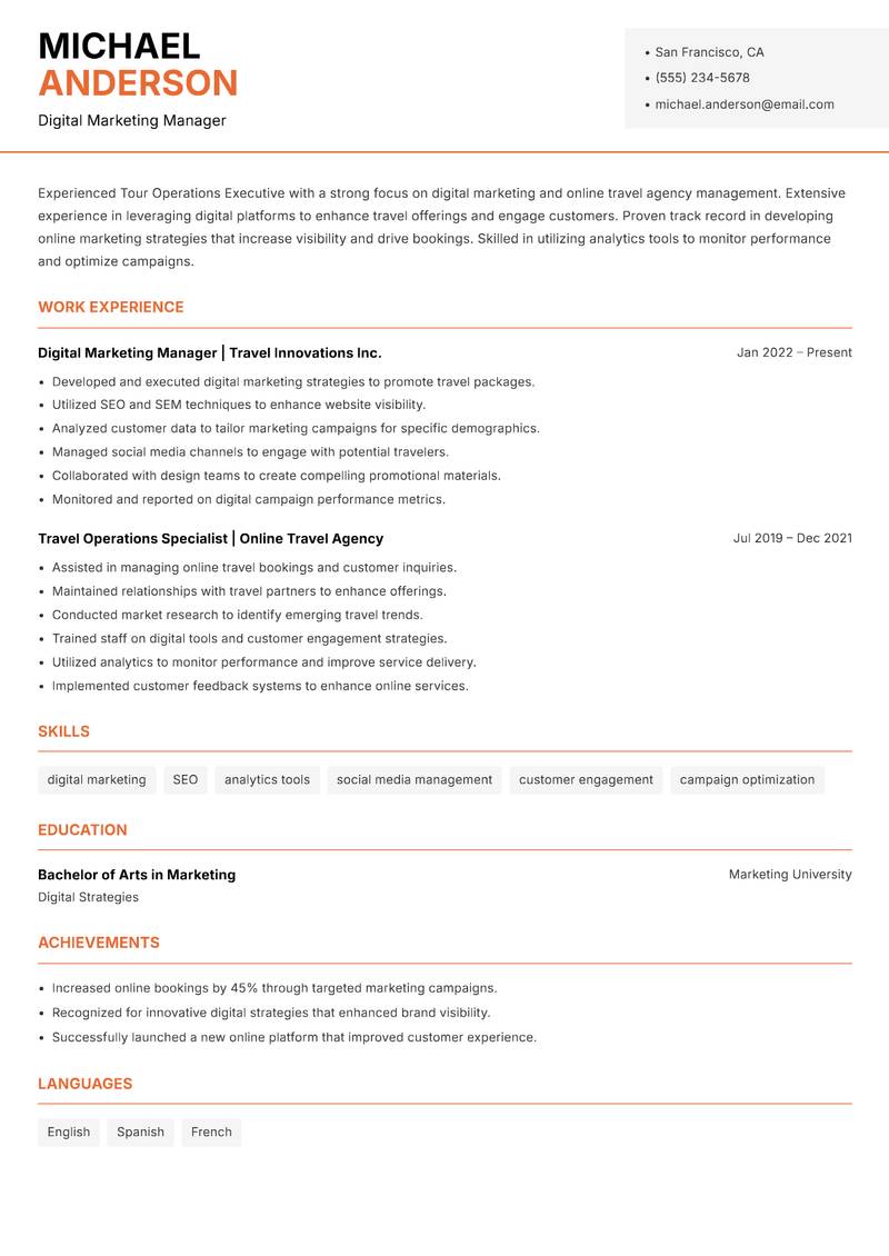Tour Operations Executive Resume Template