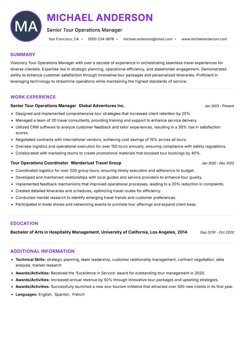 Tour Operations Manager Resume Preview Example