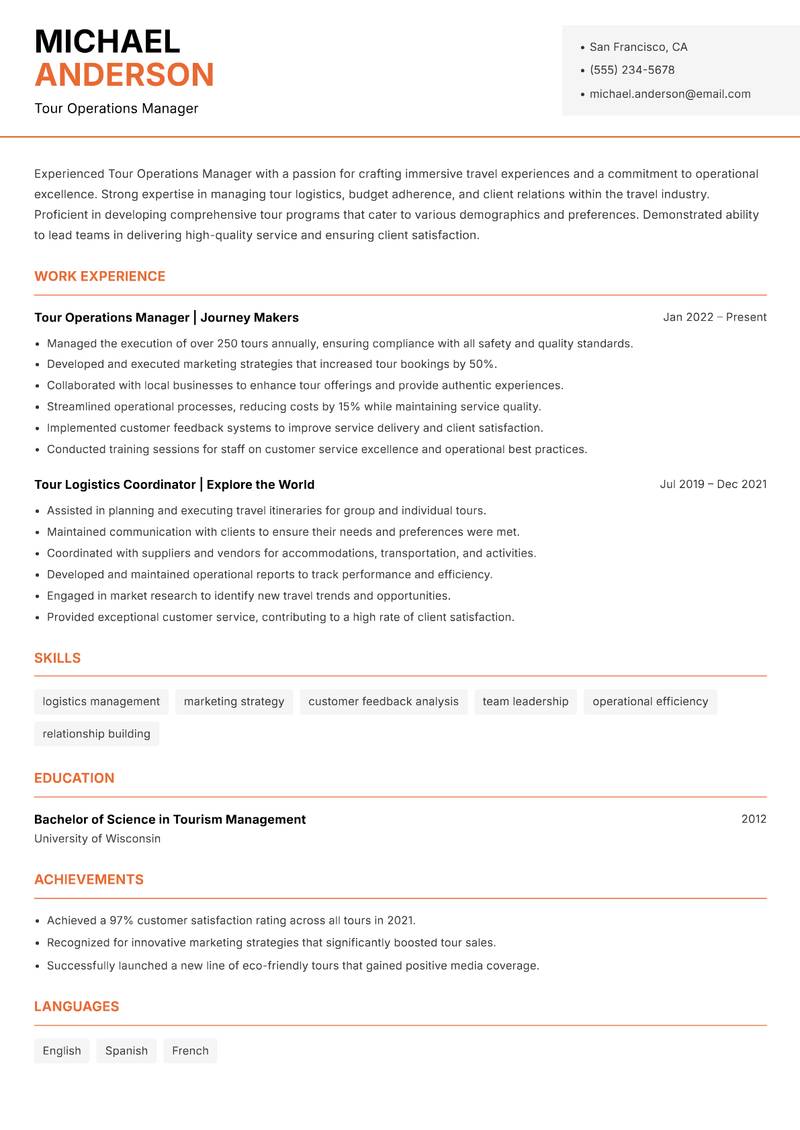 Tour Operations Manager Resume Template