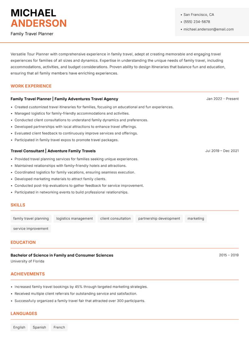 Tour Planner Resume Template