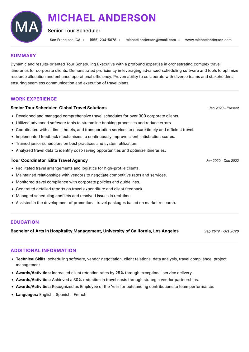 Tour Scheduling Executive Resume Preview Example