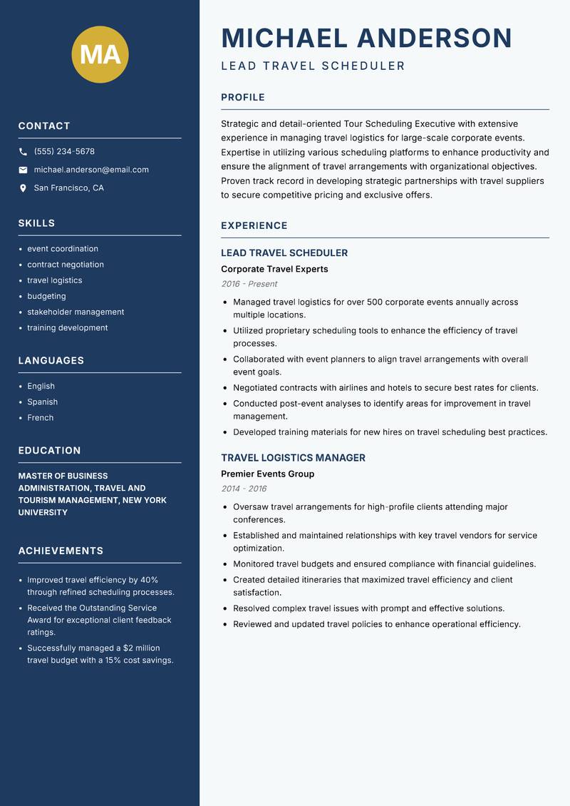 Tour Scheduling Executive Resume Preview Example
