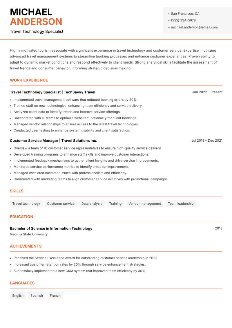 Tourism Associate Resume Template