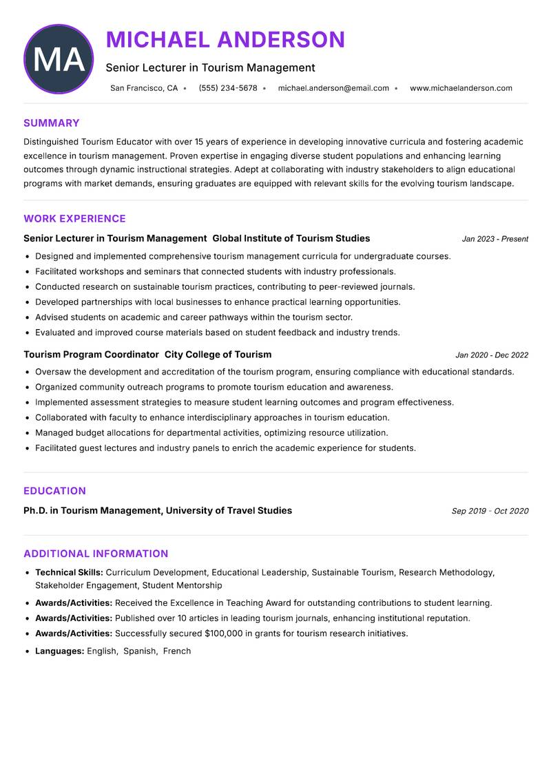 Tourism Educator Resume Preview Example