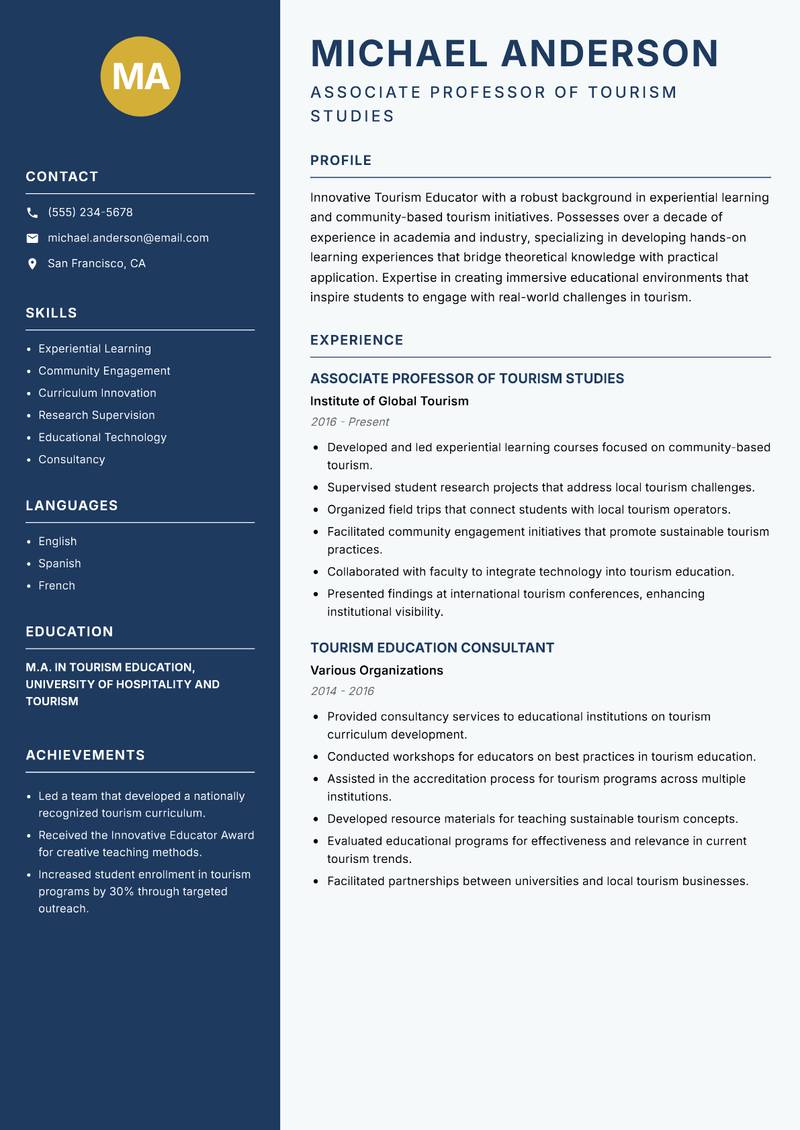 Tourism Educator Resume Preview Example