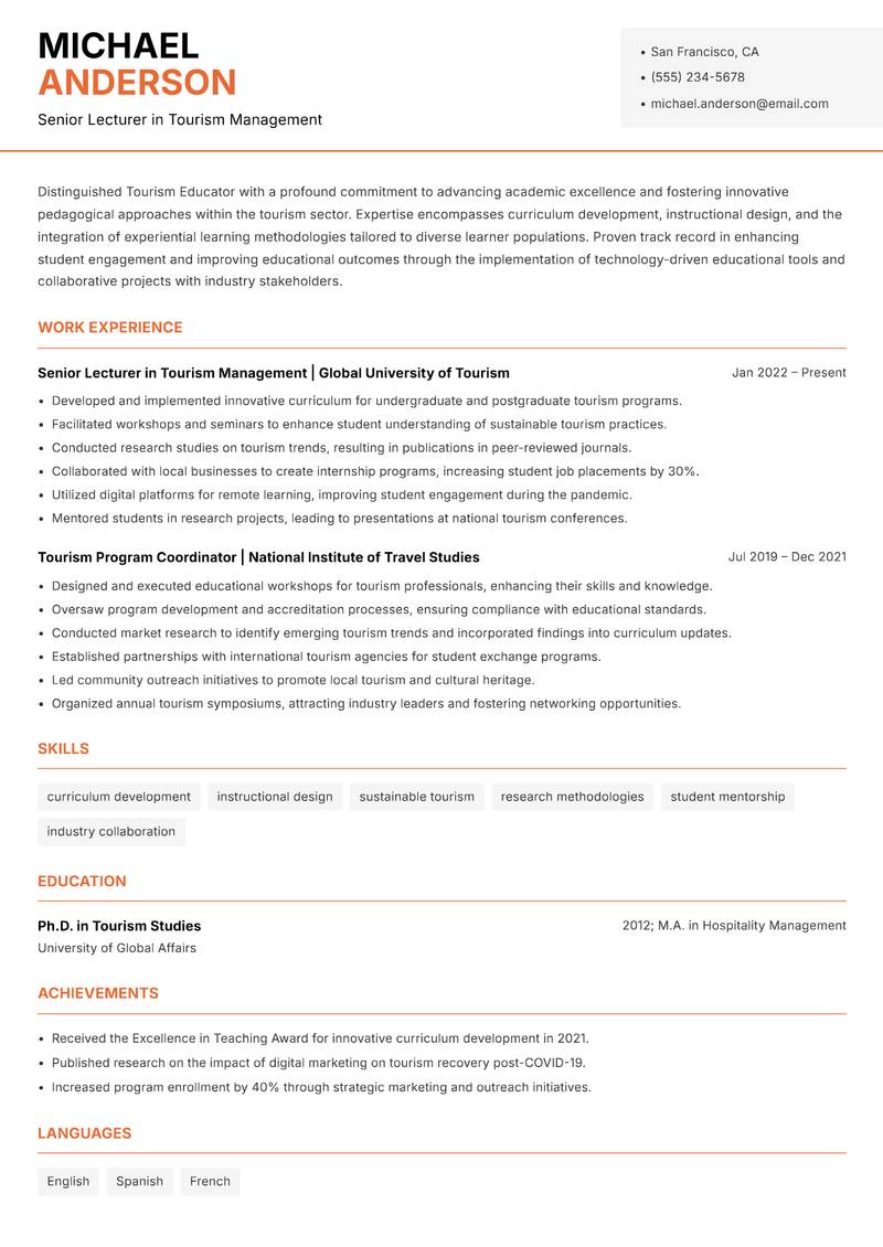 Tourism Educator Resume Template