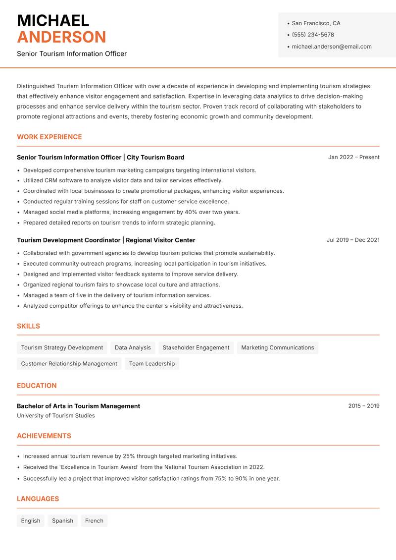 Tourism Information Officer Resume Template