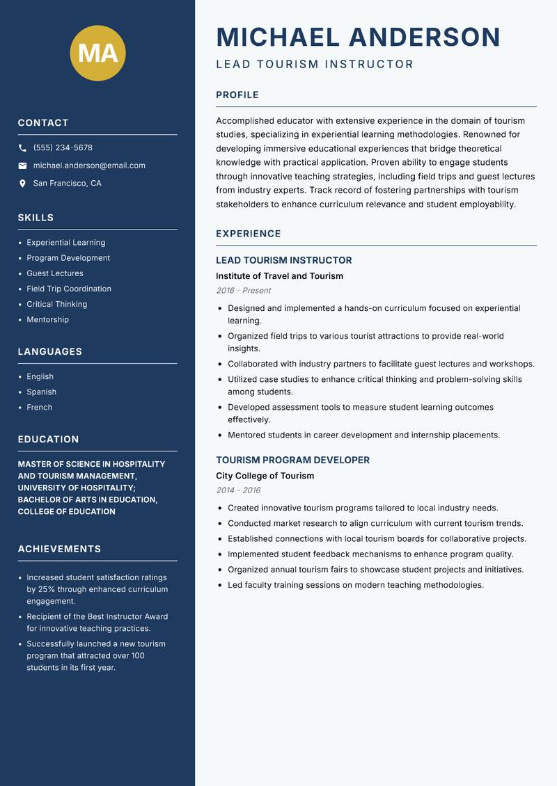 Tourism Instructor Resume Preview Example