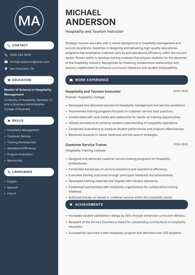 Tourism Instructor Resume Preview Example