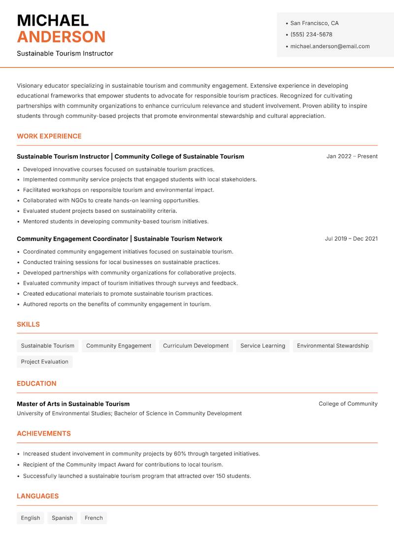 Tourism Instructor Resume Template