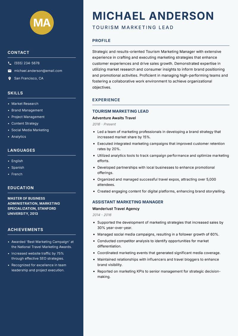 Tourism Marketing Manager Resume Preview Example
