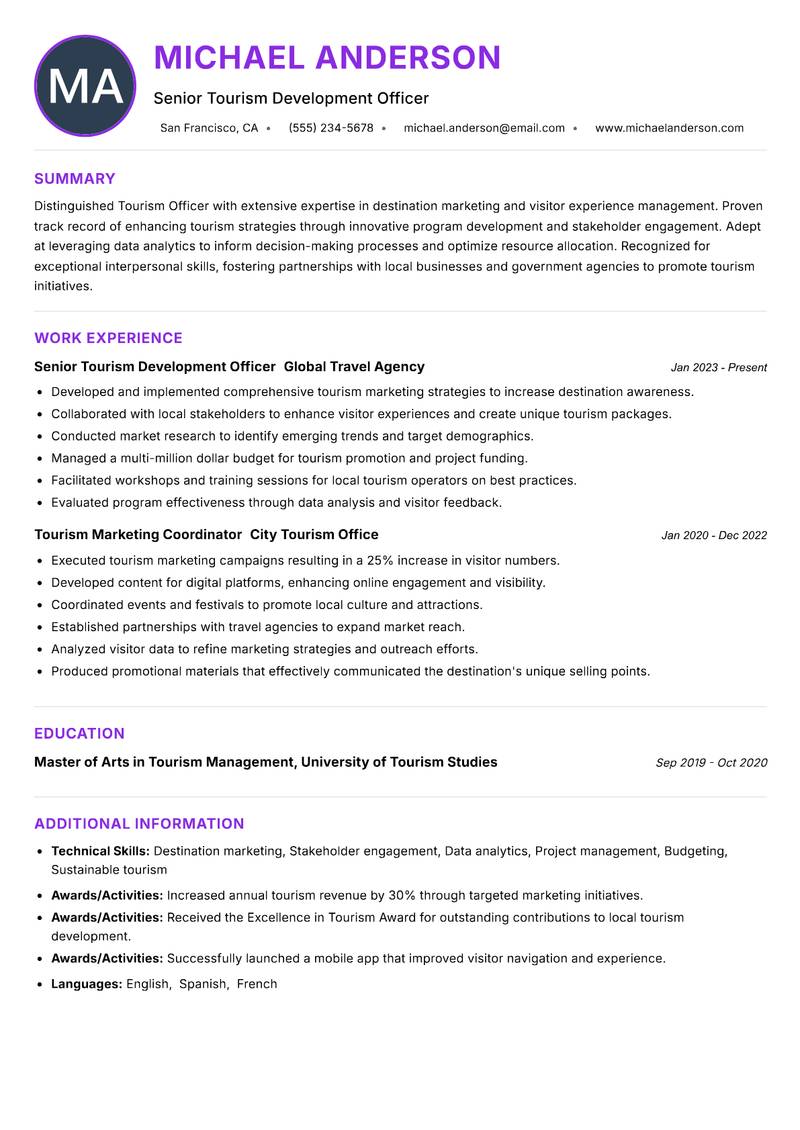 Tourism Officer Resume Preview Example