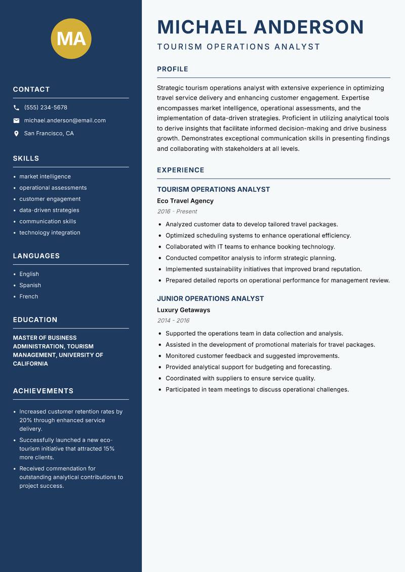 Tourism Operations Analyst Resume Preview Example