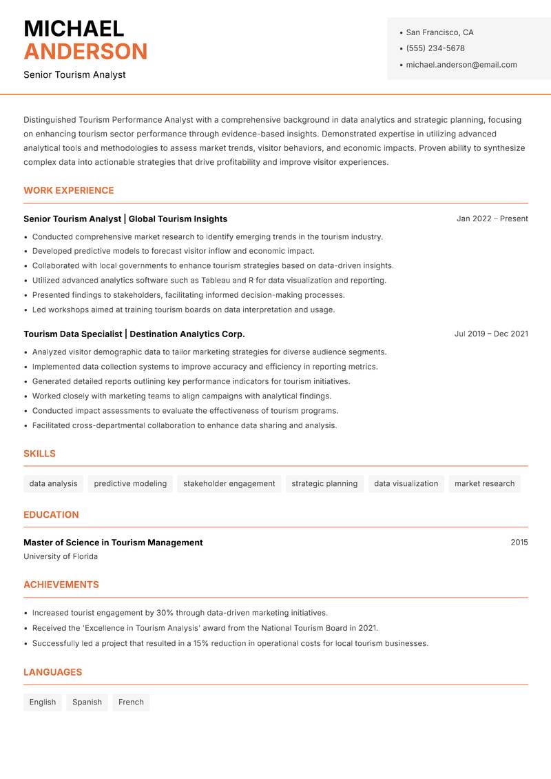 Tourism Performance Analyst Resume Template