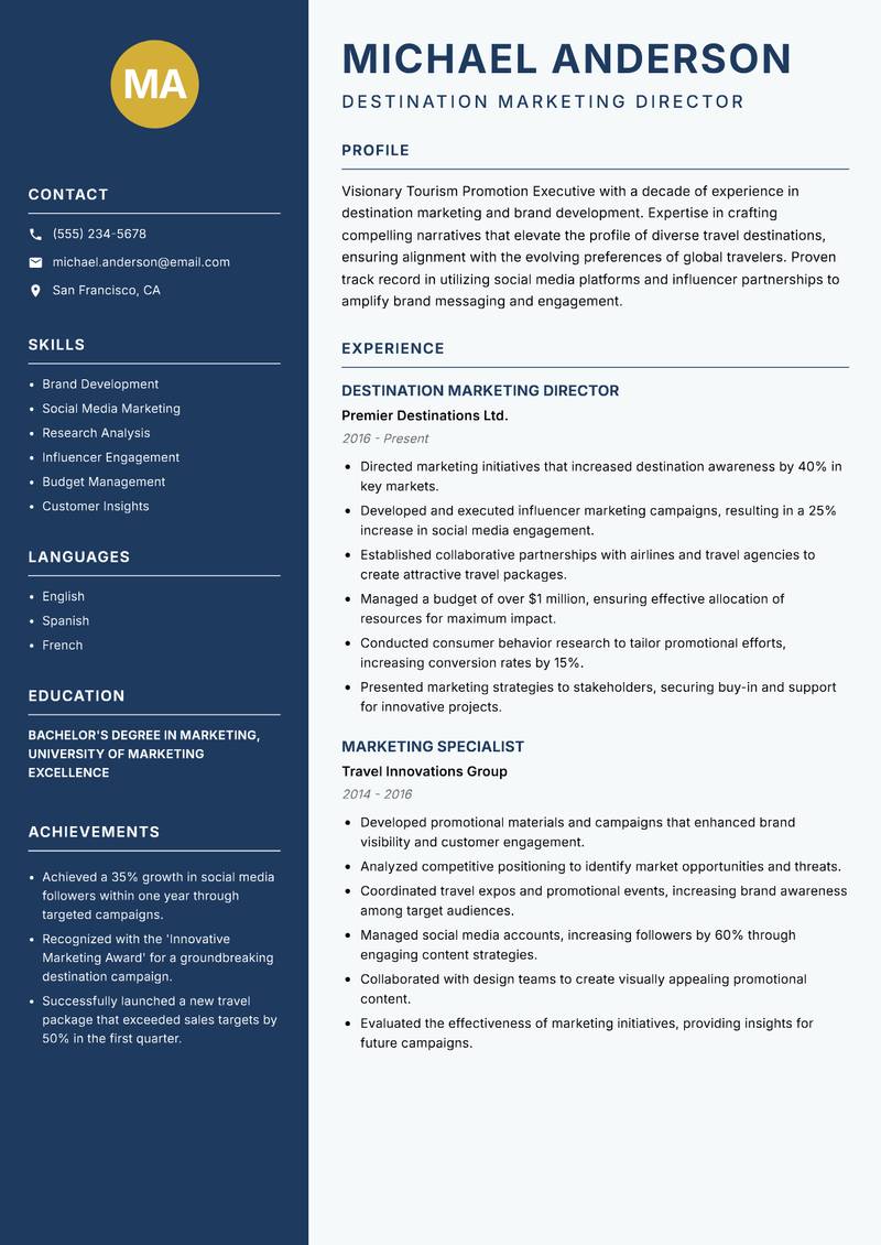 Tourism Promotion Executive Resume Preview Example