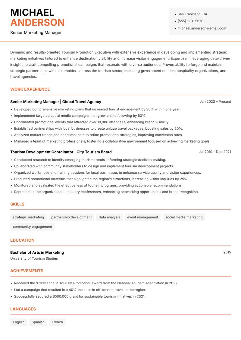 Tourism Promotion Executive Resume Template