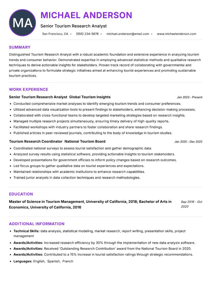 Tourism Research Analyst Resume Preview Example