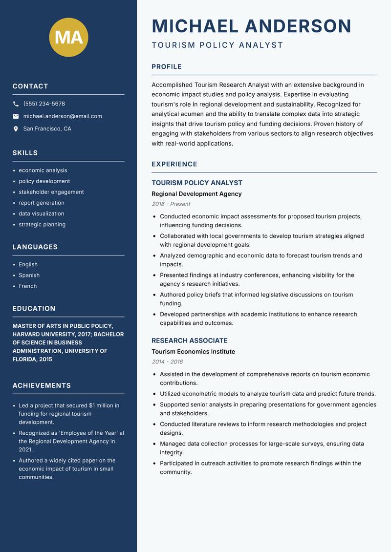 Tourism Research Analyst Resume Preview Example