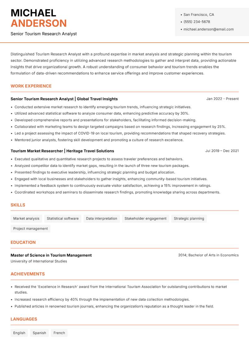 Tourism Research Analyst Resume Template