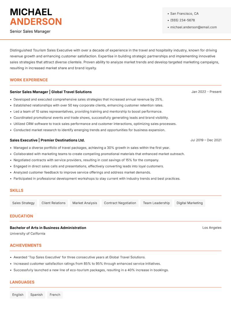 Tourism Sales Executive Resume Template