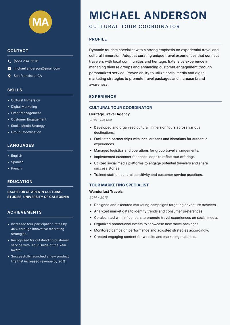 Tourism Specialist Resume Preview Example
