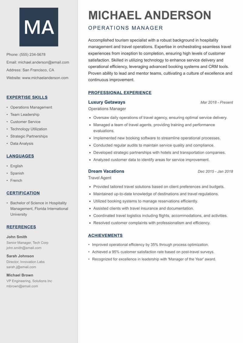 Tourism Specialist Resume Preview Example