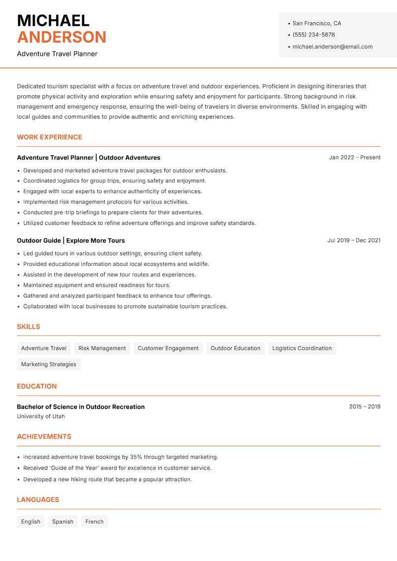 Tourism Specialist Resume Template