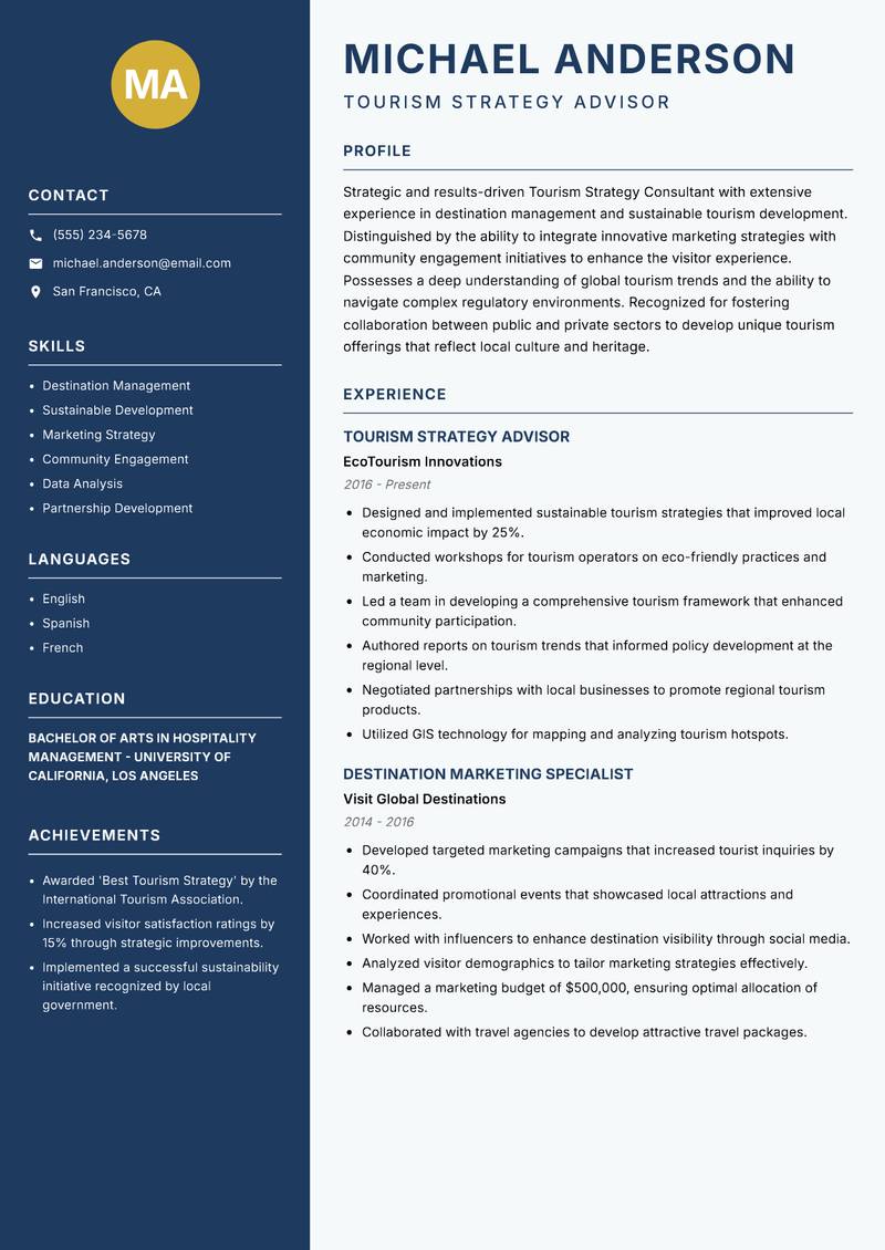 Tourism Strategy Consultant Resume Preview Example