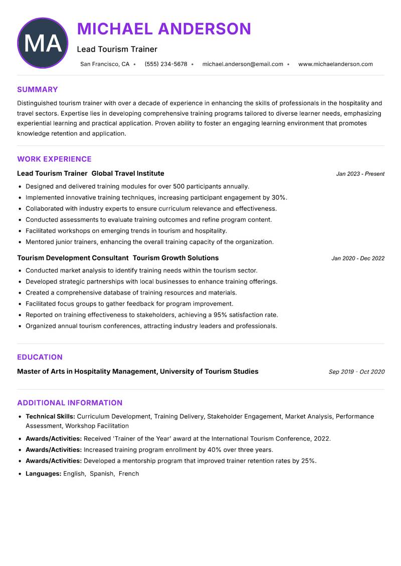 Tourism Trainer Resume Preview Example