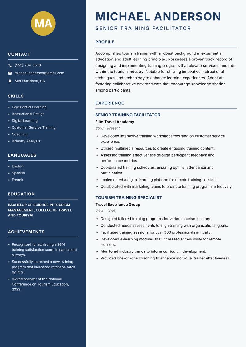 Tourism Trainer Resume Preview Example